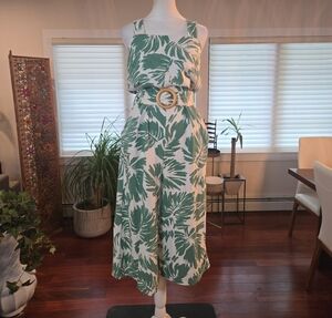 Linen Tropical Leaf Print Belted Wide Leg Cropped Jumpsuit Green White Large